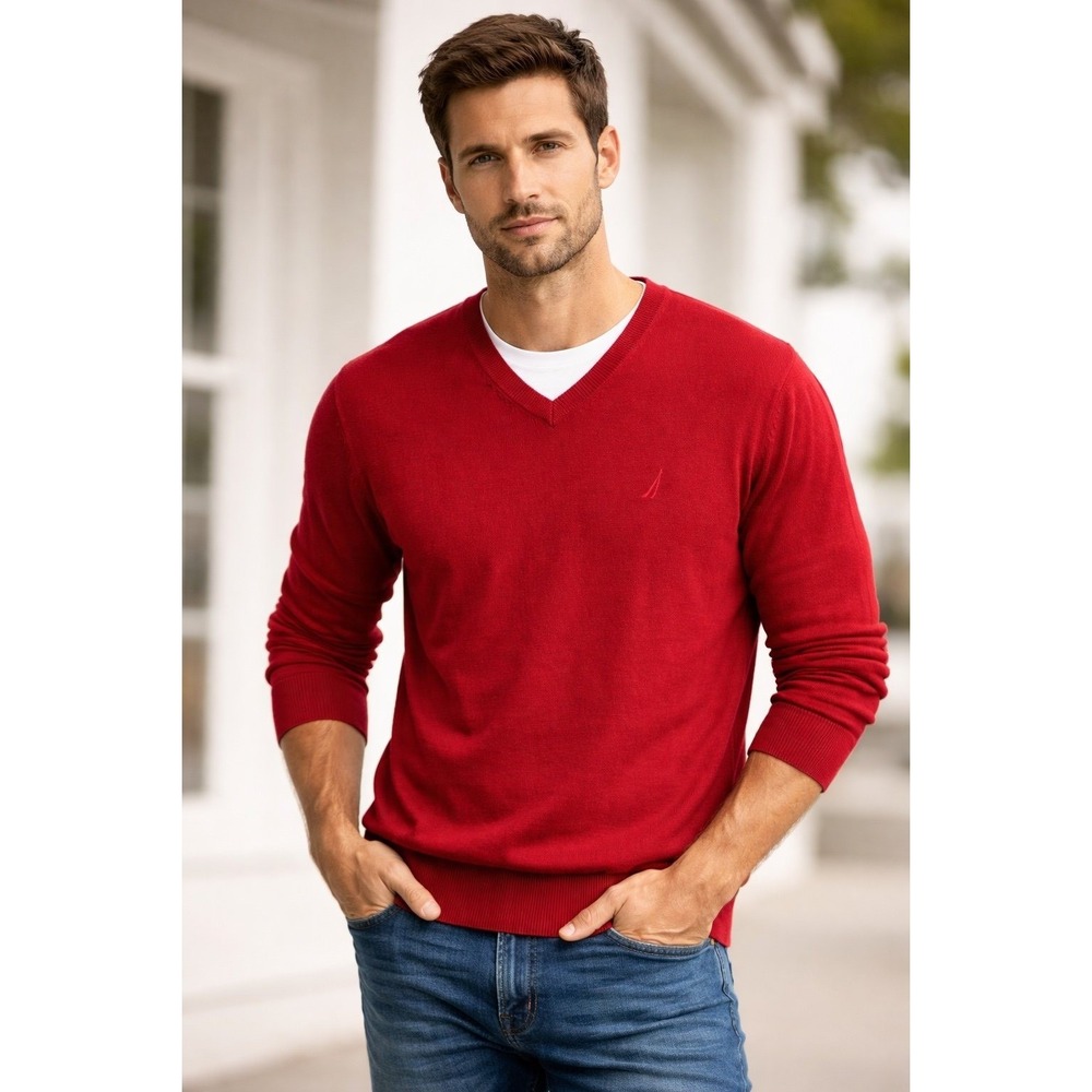 Nautica Men's Red V-Neck Sweater XL Classic‎ Cotton Pullover Long Sleeve